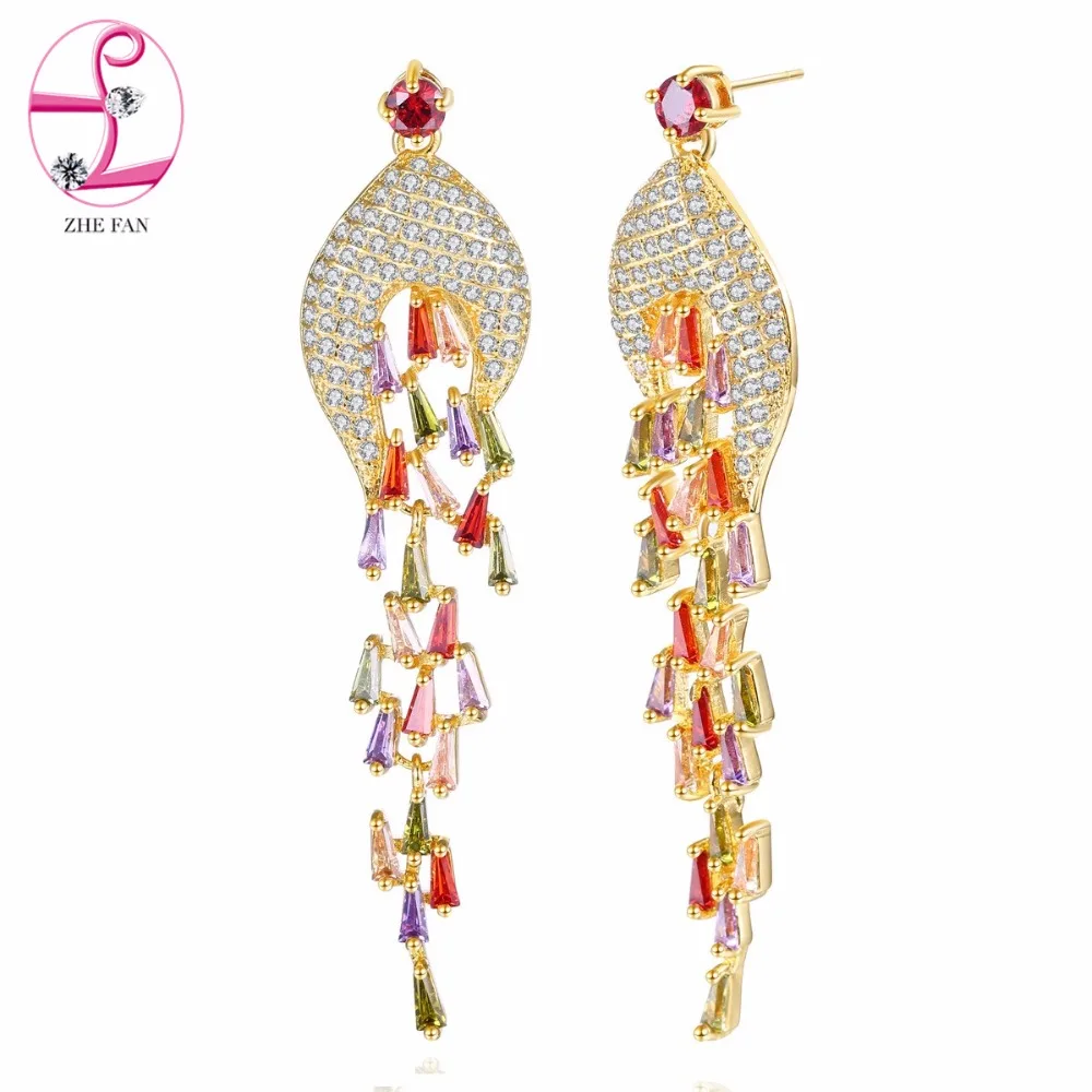 

ZHE FAN Luxury Long Dangle Earrings Fashion Trapezoid CZ Prong Micro AAA Cubic Zirconia Earring Pave Earring Jewelry For Women