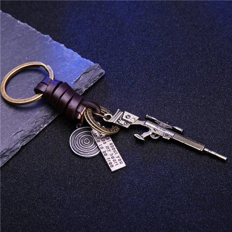 

Mini alloy gun weopen keychain ring shotting game metal submachine leather sniper scar car key chain for men gifts