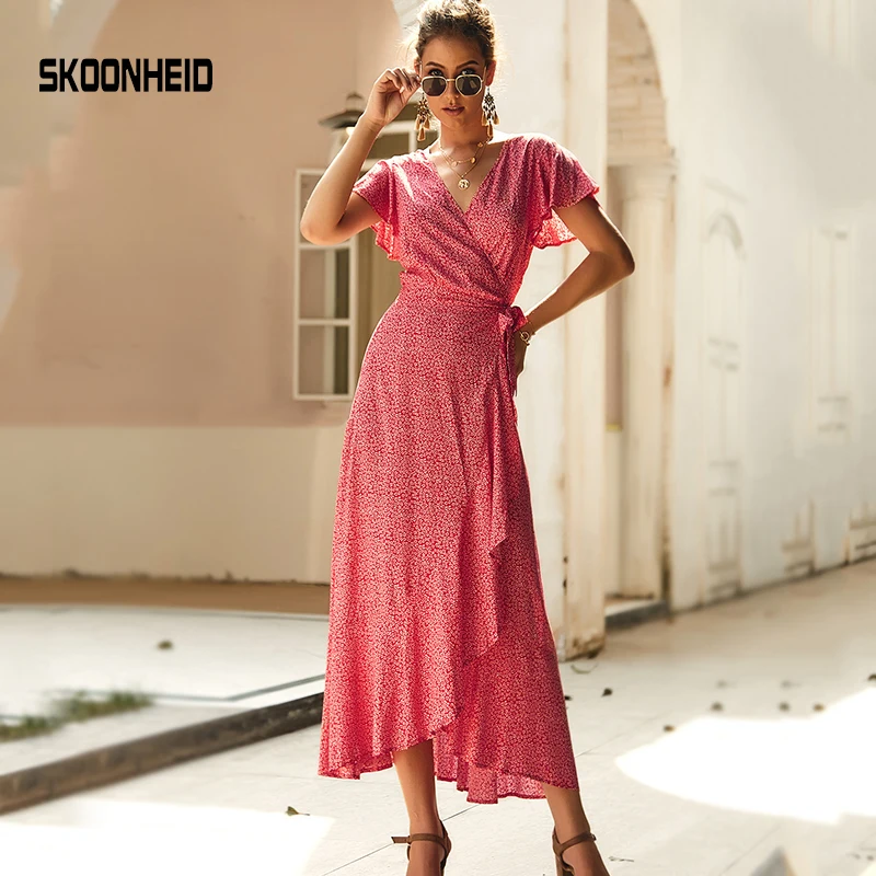 

SINGRAIN Long Polka Dot Wrap Dress Women Bohemian Irregualr Print Dress Plus Size Summer Holiday Ruffle Maxi Chiffon Sundress