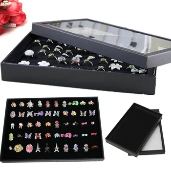

Fashion Black Velvet Ring Display Box Transparent Window Holder Show Cover 100 Slots Earring Storage Jewelry Display Box