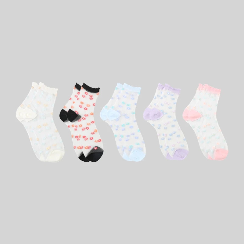 DONG AI 5 Pairs Crystal Transparent Flower Socks Ladies Summer Women Beautiful Sheer Ultrathin Lace Sock For Girl | Женская одежда