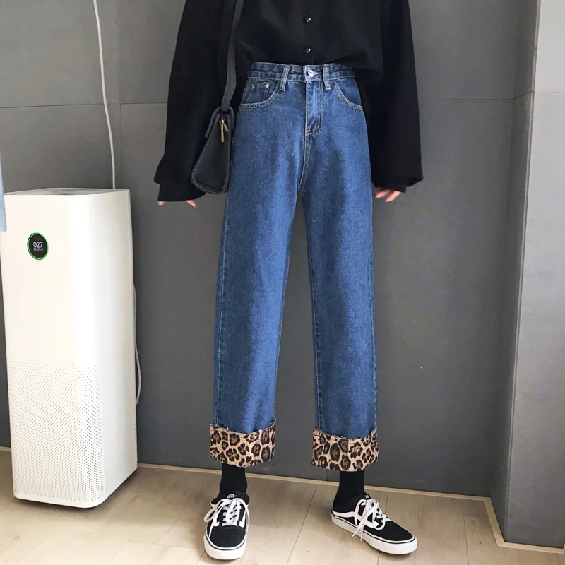 Новые осенние джинсы женские винтажные леопардовые джинсы свободные брюки с высокой талией Harajuku Цвет Соответствующие свернутые джинсы