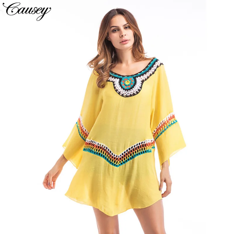 

Beach Dress Women Swim Suit Cover Up Tunic Outings For 2019 Women's Big Yards Loose Bamboo Cotton Spot Acetate Animal