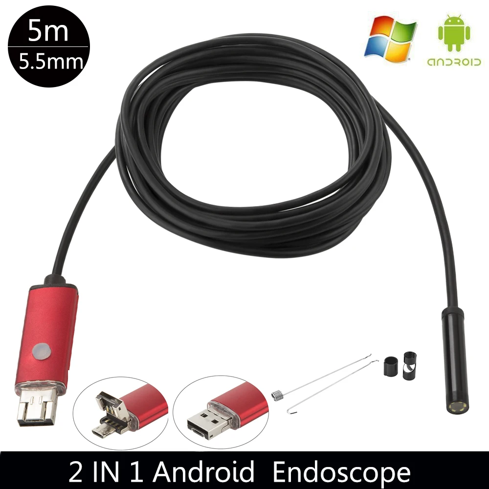 Высокое качество 5,5 MM USB эндоскоп Android камера 1/2/5/10 м гибкая с гибким световодом для обнаружения смартфон OTG эндоскоп камера 6LED