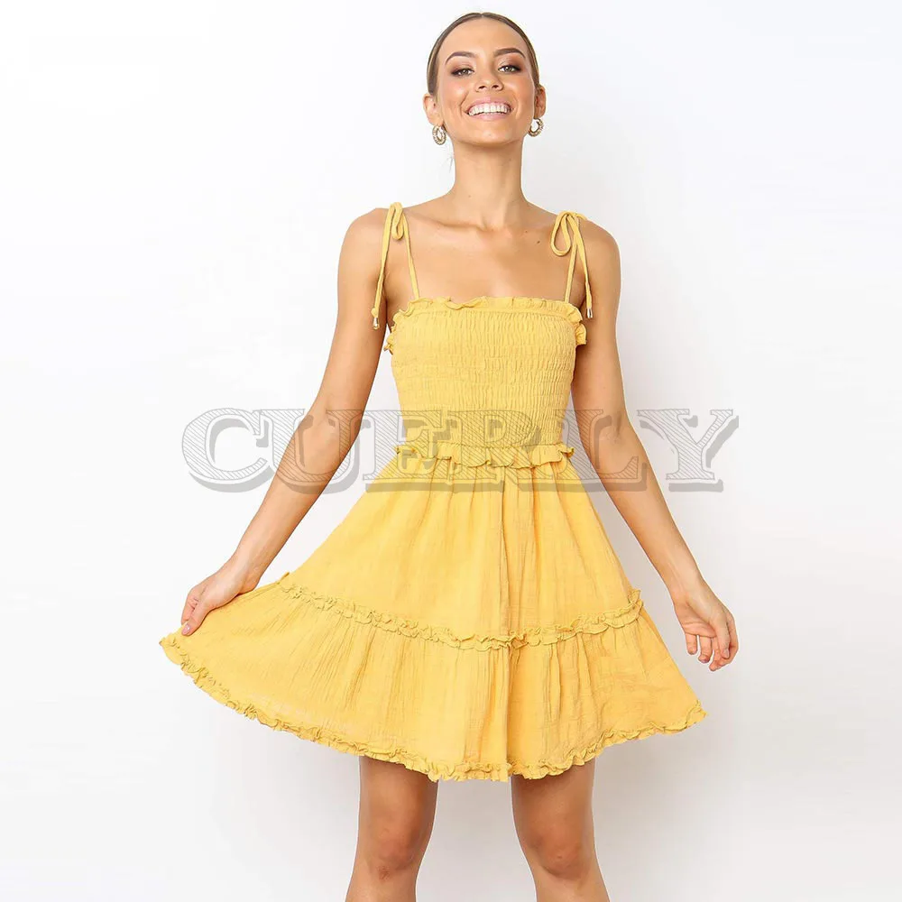 

Cuerly Summer Women Dress 2019 Vintage Sexy Bohemian Solid Spaghetti Strap Beach Dress Strapless Sundress Female Vestidos L8