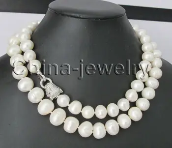 

P7886 - 35" 9-10mm natural white round freshwater pearl necklace - 925 silver