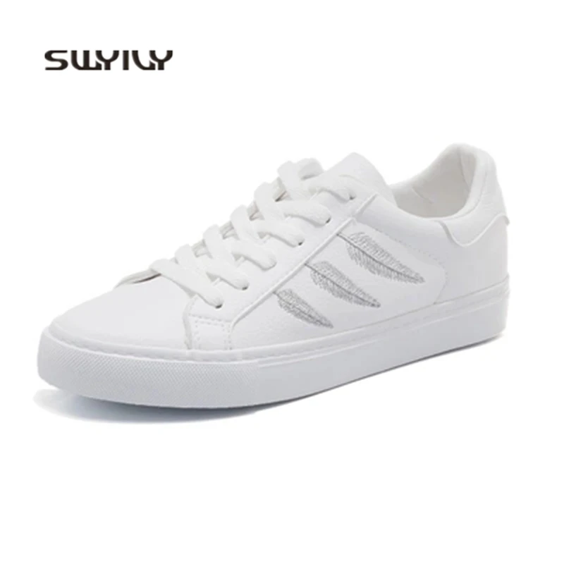 SWYIVY Women Skateboarding Shoes Flat Heel White Sneakers 2018 New Spring And Autumn Lace-up Non-slip Female Skateboard Shoes