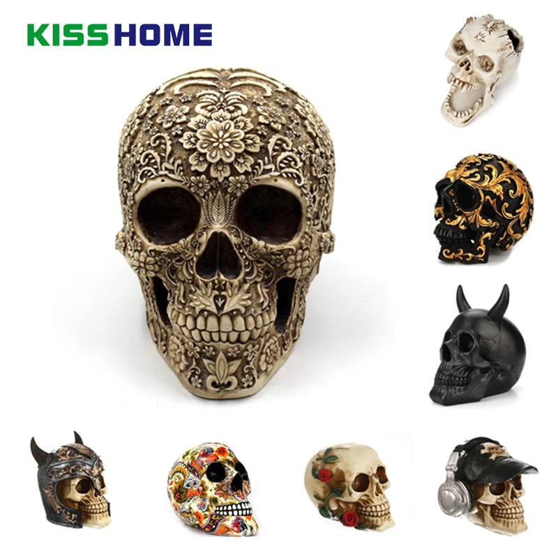 Diabo do Crânio Padrão de Moda e ouro e chifre e cavalier e flores e punk Dia das Bruxas Acessórios Decorativos Resina Crânio Casa Decoração