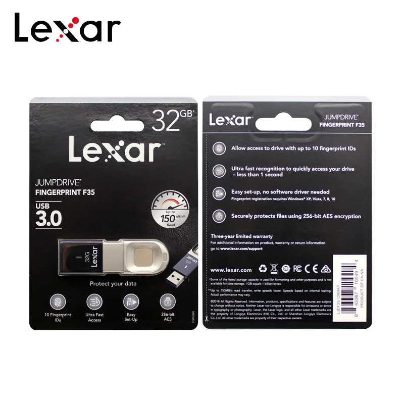 100% Оригинальный USB флеш накопитель Lexar F35 с распознаванием отпечатков пальцев 32 ГБ