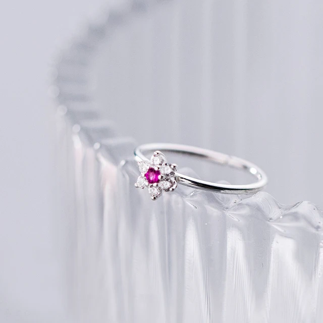 MloveAcc Sterling Silver 925 Oringinal In Rings for Women Flower with Pink CZ Elegant Lovely Adjustable Rings Brand Jewelry