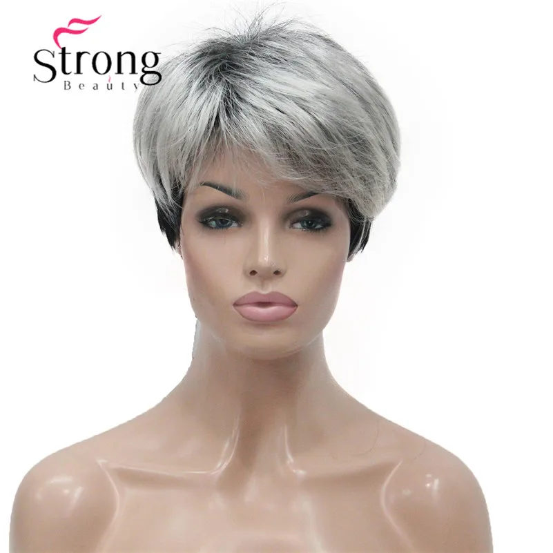 StrongBeauty короткие серебристо серые с черными двухцветные женские парики боковой