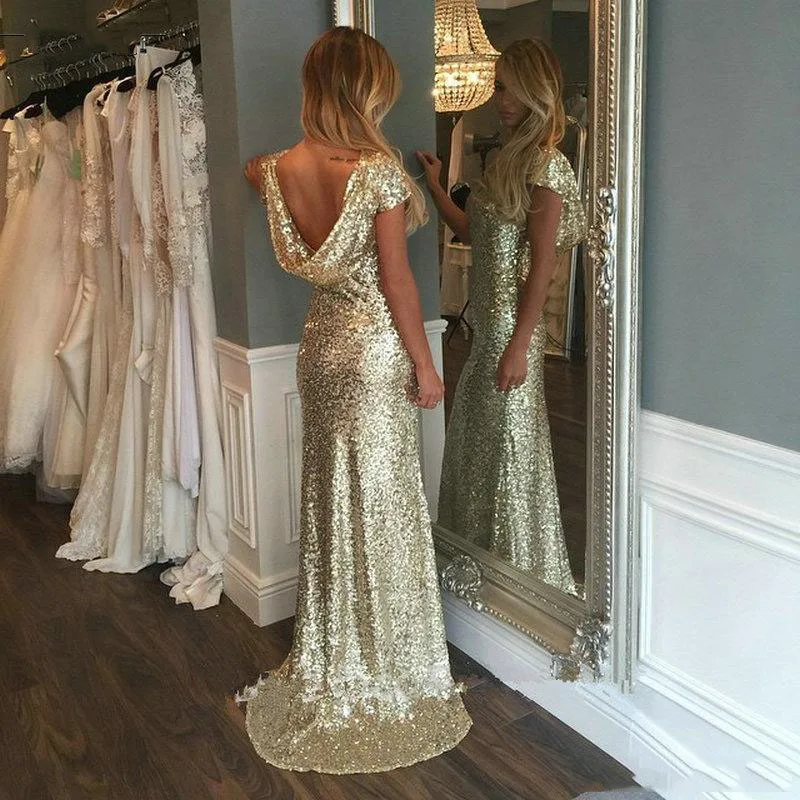 Champagne Gold Sequins Long Bridesmaid Dresses 2016 Sparkly Sheath