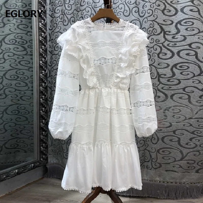 

2019 Autumn Fashion Party Club Dresses Women O-Neck Ruffle Lace Patchwork Long Sleeve White Black A-Line Dress Noble Party Wear