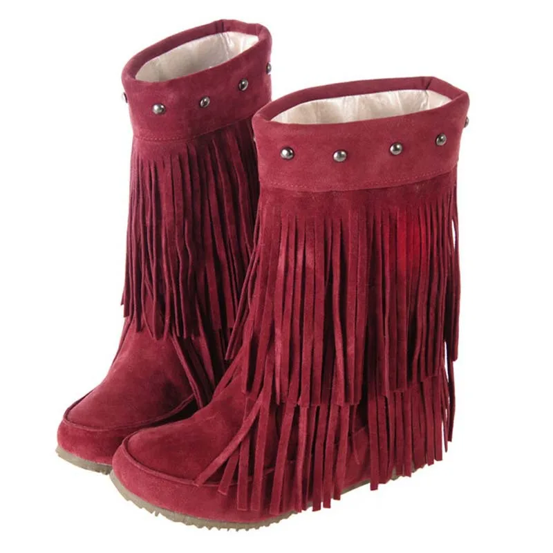 Big Size 34-43 Women's 3 Layer Fringe Tassels Decoration Rivets Low Heel Winter Boots Mid-Calf snow boots Shoes