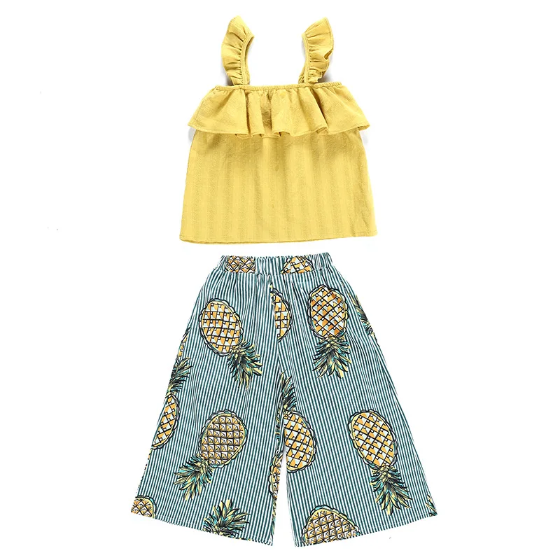 

New Style Children Summer Clothes Sets Girls Sleeveless Sling cotton top +wide leg pant Clothes Suit 2pcs Baby Clothes set CA971