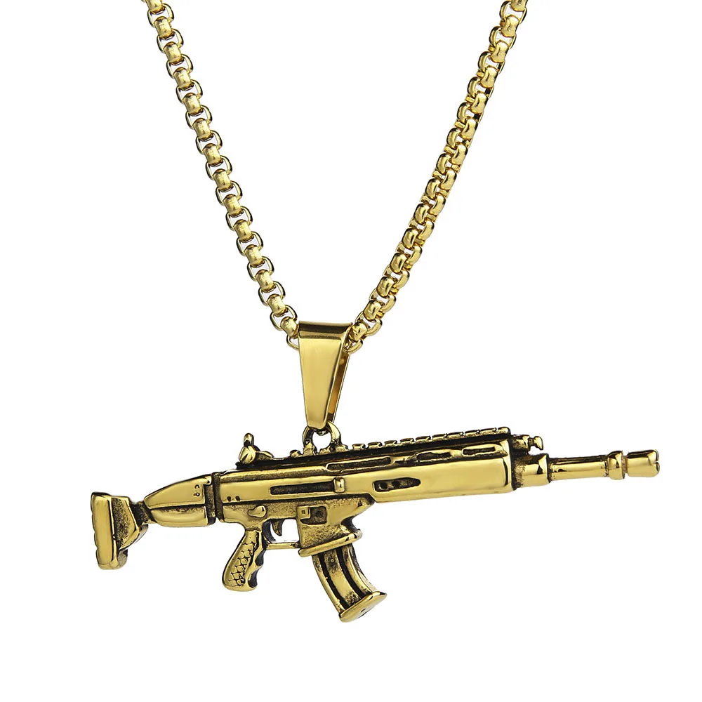 

Men's Fashion Cool AK47 Gun Pendant Necklace European Hip Hop Jewelry Stainless Steel Chain Necklaces Jewelry for Men