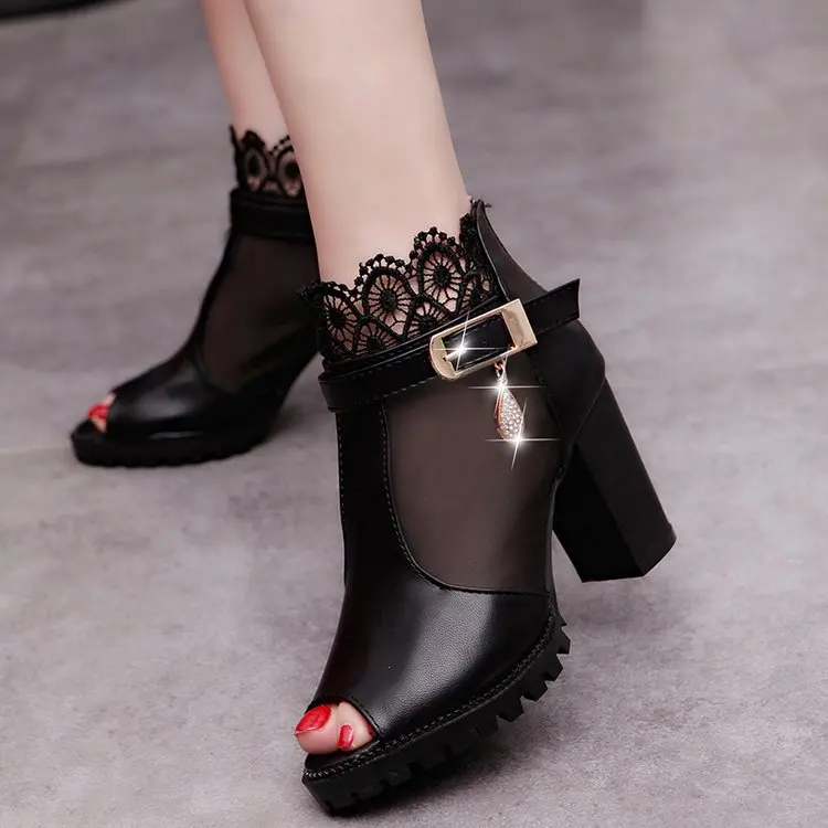 

Woman Sandals 2019 Summer Women Shoes Fish Mouth Pumps Sexy High Heel Rhinestone Buckle Party Rough With Heels Roman Sandals
