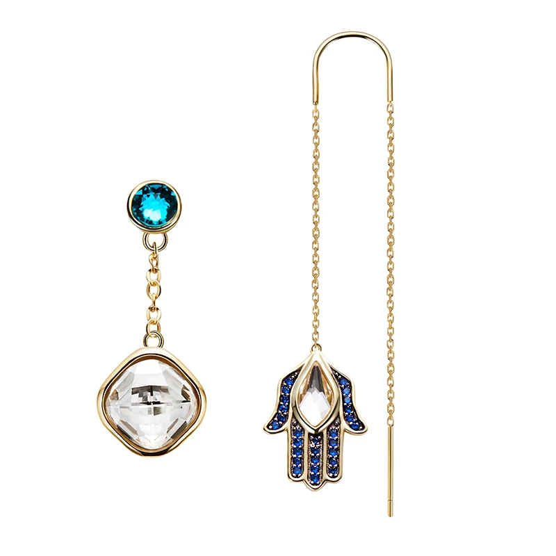 

LEKANI 2019 Modern Design Evil Eye Asymmetry Crystals from Swarovski Earrings Long Chain 925 Silver Drop Earrings for Women Gift