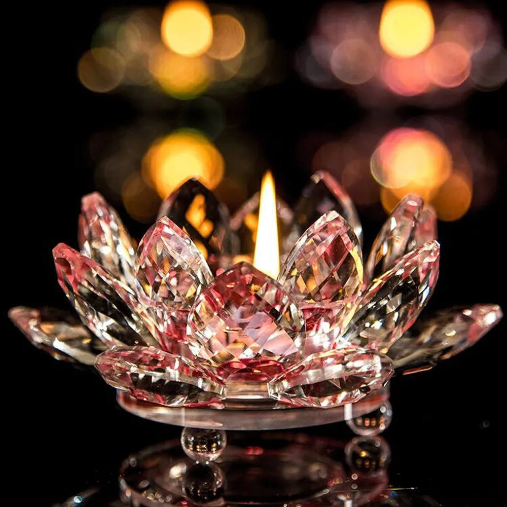 7 цветов с украшением в виде кристаллов Стекло цветок лотоса лампы в форме свечи Чай светильник держатель буддийские подсвечник