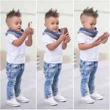 Новая одежда из 2-х предметов для мальчиков белая футболка для малышей комплект одежды из топа+ джинсы на 2-7 лет