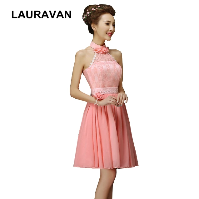 

watermelon coral color halter neck lace up chiffon bridesmaid gowns party pageant dress woman gown occasion dresses short 2020
