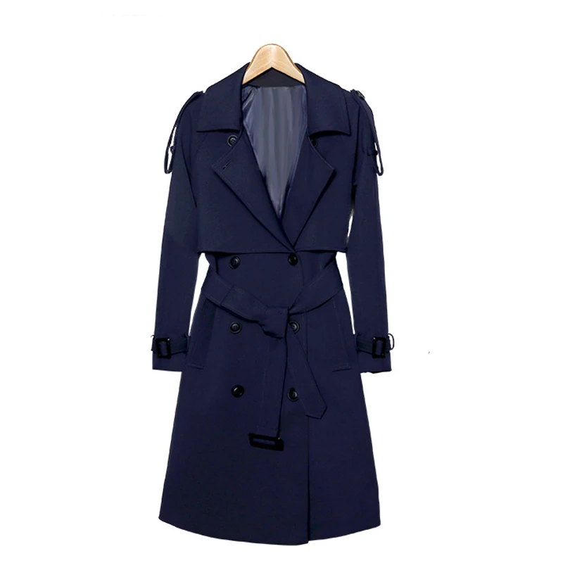 

2018 Spring Autumn New Korean Women Slim Double-breasted Long Trench Coats Wild English Women's Belt Navy Windbreaker A225