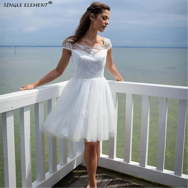 Wedding Dresses Appliques Cheap Short Backless Tulle Lace Bridal Gown