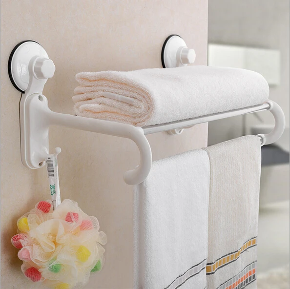 

Strong Suction Cup Wall Mounted Towel Shelves With Towel Bar And Two Hooks For Bathroom Storage Accessories