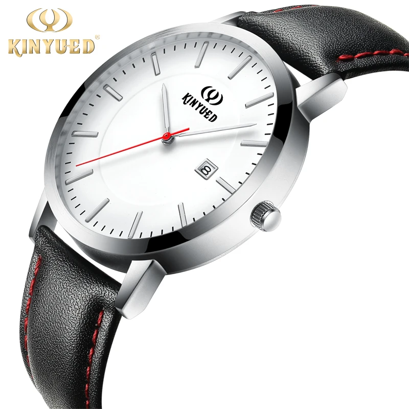 KINYUED Mens Watches Ultra Slim Leather Shockproof Quartz Watch Men Waterproof Calendar reloj hombre marca de