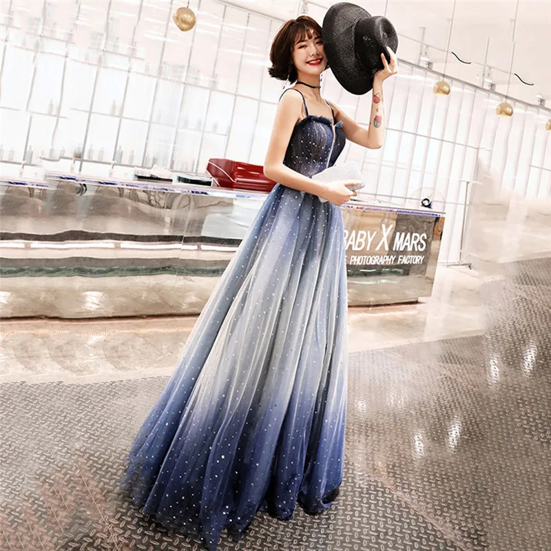 

Elegant Floor Length Evening Party Maxi Mesh Dress Qipao Sexy Spaghetti Strap Star Sequins Blue Bridal Wedding Gown Cheongsam