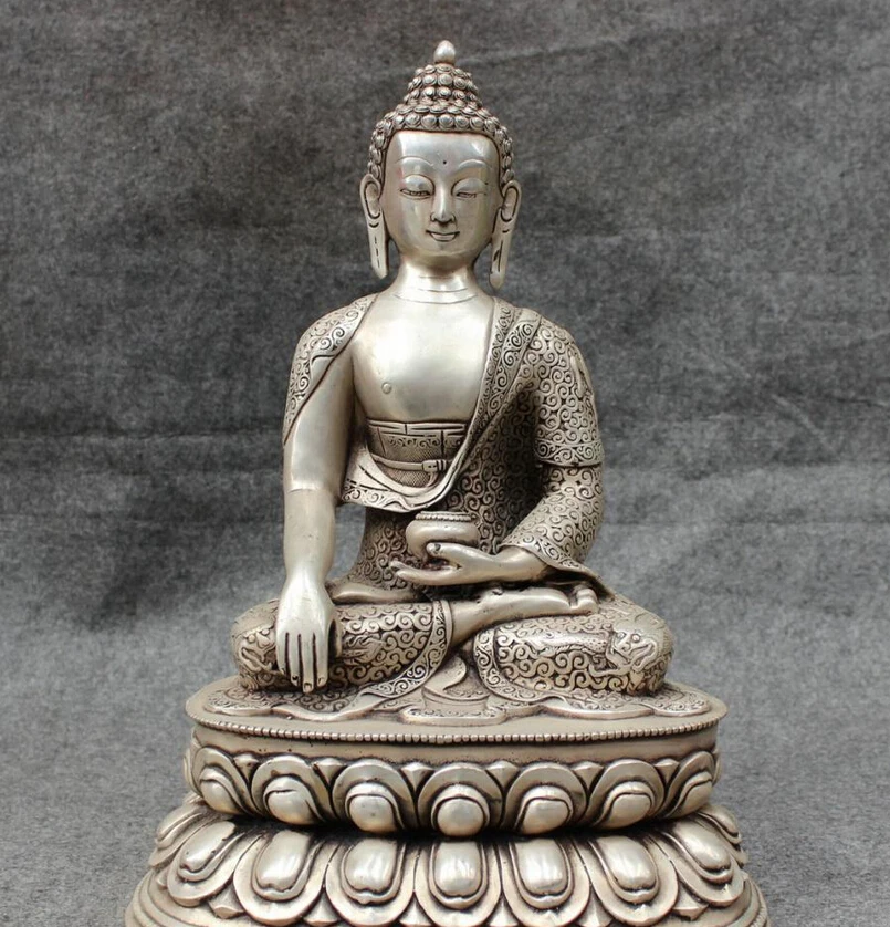 

S5151 14" Tibet Silver Buddhism Dragon Shakyamuni Buddha Statue Brass Sakyamuni Joss D0318