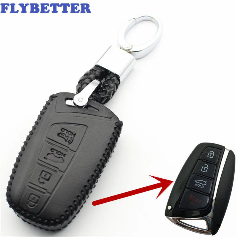 

FLYBETTER Genuine Leather KeyChain 4Button Smart Key Case Cover For Hyundai SantaFe/Equus/Azera/Genesis Car Styling L223