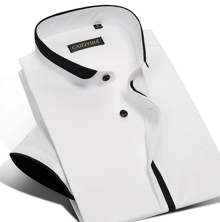 Воротник-стойка короткий рукав рубашки 100% хлопок Для мужчин летние рубашки Slim Fit
