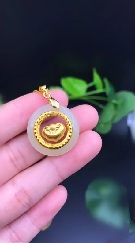 

Natural White Round HeTian Yu + Full Gold Inlaid Movable RuYi Inlay Style Lucky Pendant Necklace + Certificate Jewelry