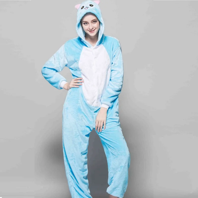 

Onepiece Kingurumi Blue Cat Animal Pajamas Kigurumi Cat Long Sleeve Hooded Onesie Warm Flannel Homewear Onesies For Adults