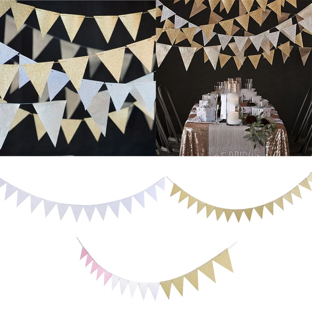

Pink White Gold Flag Banner Glitter Paper Pennant Bunting Garland, Extra Sparkle for Wedding Teepee Deco Birthday Party Nurser