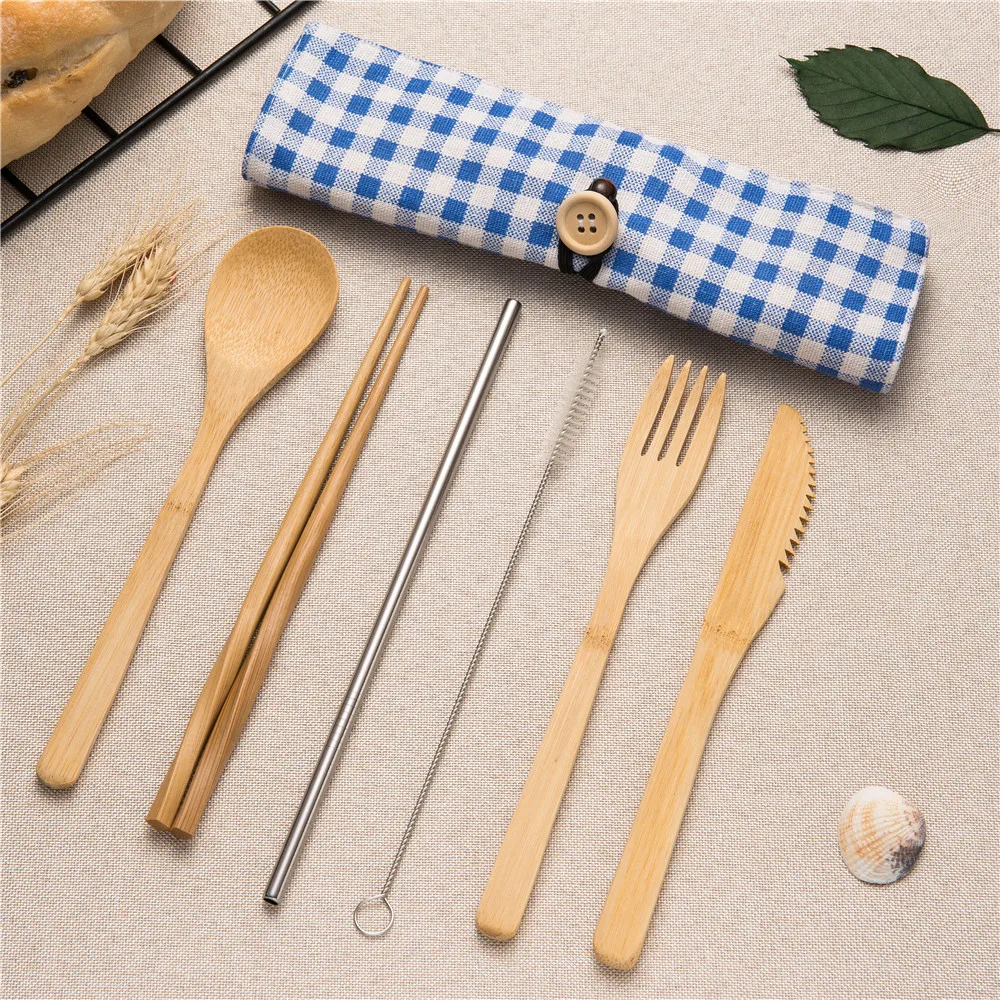 

2019NEW portable cutlery wooden tableware set metal straw wooden forks knives spoons with close bag for travel Dinnerware Sets