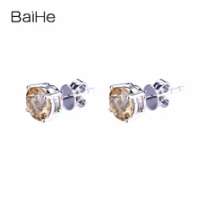 BAIHE 6 мм круглый разрез натуральный цитрин Твердые 10k серьги из белого золота свадебное кольцо для женщин серьги ювелирные изделия элегантные