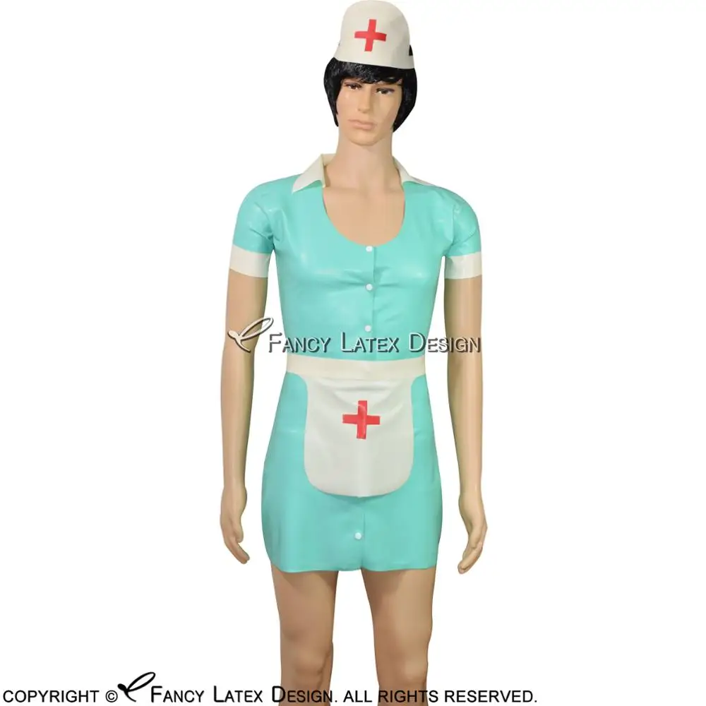 Jade Green And White Sexy Latex Dress With Red Cross Rubber Uniform Headgear Apron Button At Front LYQ-0055 | Тематическая одежда