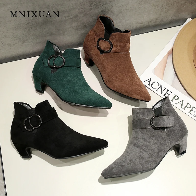 

MNIXUAN Europen fashion sexy pointed toe cat heels medium heels 4cm height suede buckle chelsea boots ankle boots women shoes