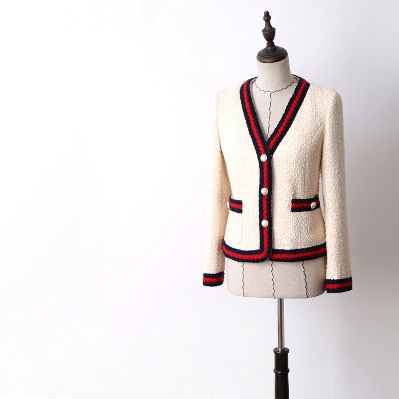 

High Quality Customized Women Beige Tweed Coats Ladies V-neck Red Blue Twist Weave Stripe Single Breasted Blazer Jacket Y093