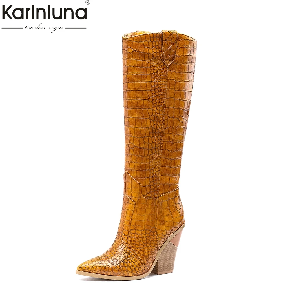 

2019 big Size 33-46 Fashion Brand square high Heels knee-high Western Boots Women Shoes long boots Shoes Woman