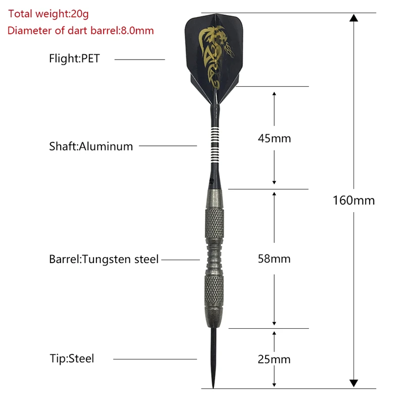 Metal Darts 3Pcs 20g Professional Hard Steel Tip Tungsten Barrel Aluminum Shaft Flights Total Length 16cm