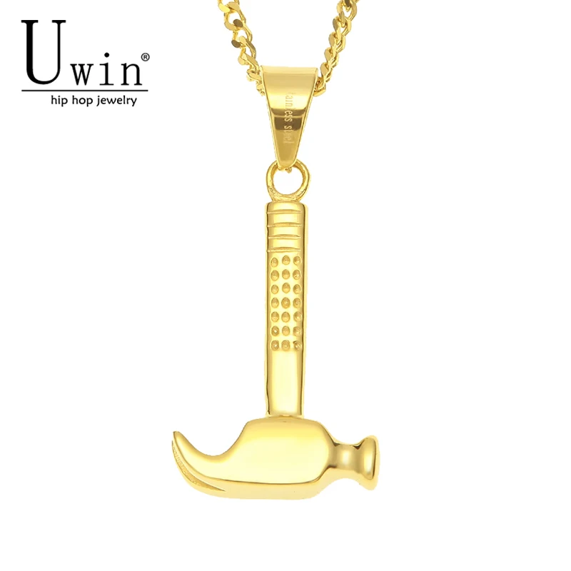 UWIN Gold Stainless Steel Hammer Pendant Tool Charms Necklace Men Hip