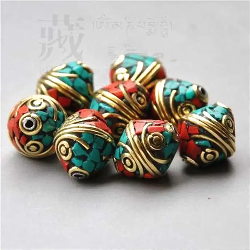 

10PCS Nepal Hand Beads Disk Shuttle Bead inlay Colorful Stone