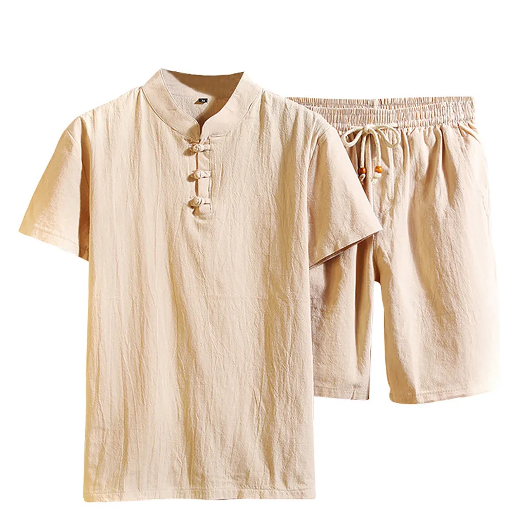 

JAYCOSIN tracksuit Men's Summer Fashion Casual Comfortable Cotton Linen Short Sleeve Shorts Suit with pants Solid Casual Top 604