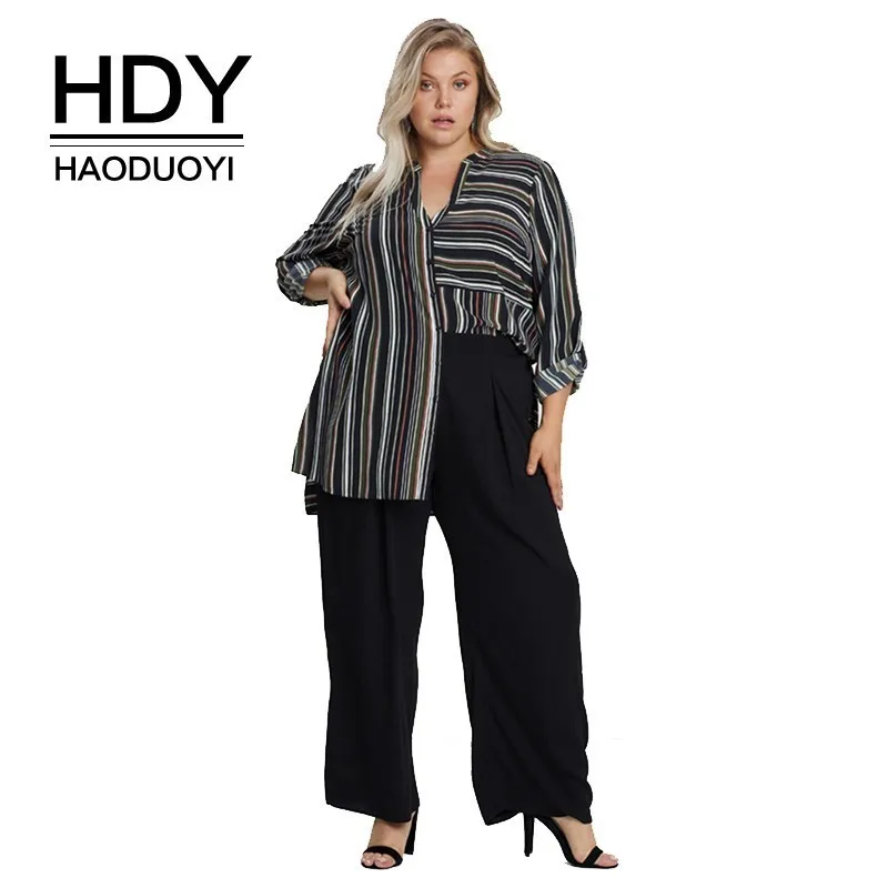 

HDY Haoduoyi Western Style Simple Commuting OL Wind V-neck Tops Long Sleeve Short Before Plus Size Summer Women Striped Shirt