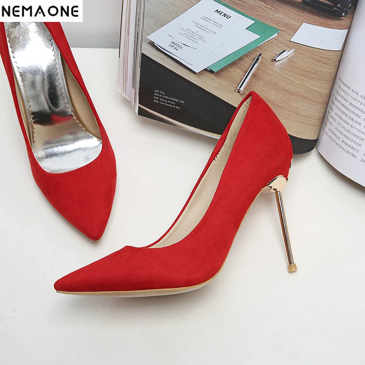 

NEMAONE Women Shoes Woman Flock High Heels Women Pumps Ladies Office Shoes Pointed Toe Summer Heels