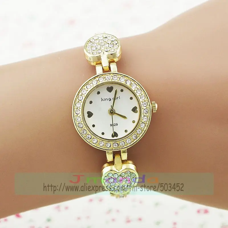 100 шт/партия king girl-9629 женский браслет кварцевые часы платье элегантные хрустальные часы для женщин дизайн сердца наручные часы с украшениями - Цвет: gold white dial