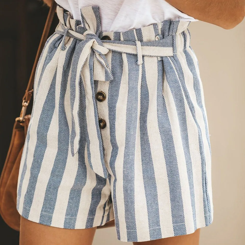 Новые модные женские шорты пляжные летние полосатые кнопки с рисунками бандажные хлопковые и льняные брюки женские повседневные шорты